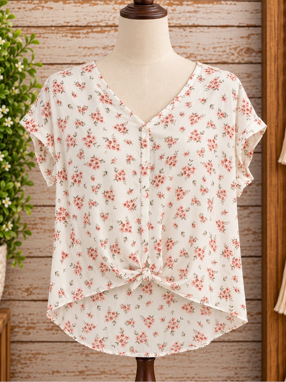 Floral Tie-Front V-Neck Blouse - White with Pink Bouquet